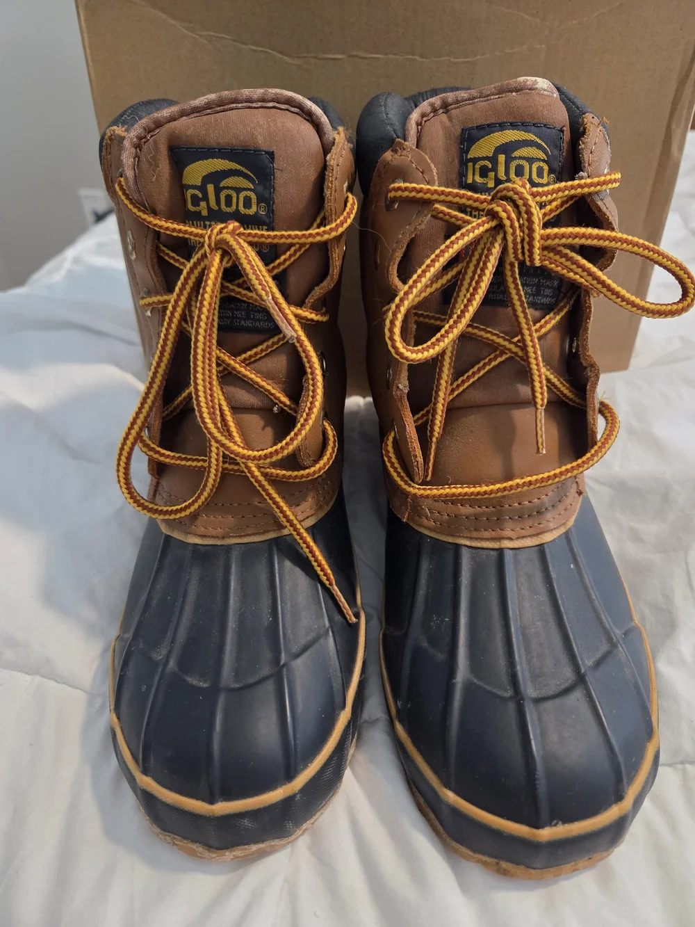 Igloo Brown and Black Womens Waterproof Duck Boots with Yellow Laces